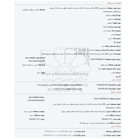 مزایده، فروش 2/59 دانگ مشاع از 6 دانگ از یک واحد اپارتمان واقع در صدرا فاز 2 شهرک نیرو انتظامی مجتمع طلاییه