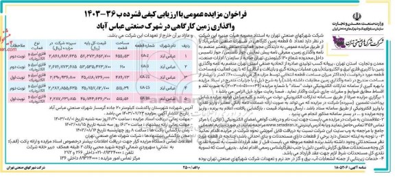 مزایده عمومی واگذاری 5 قطعه زمین کارگاهی در شهرک صنعتی عباس آباد