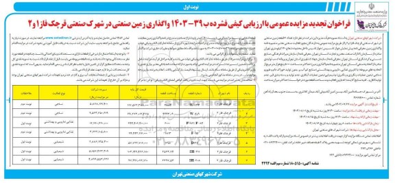 تجدید مزایده واگذاری زمین صنعتی در شهرک صنعتی قرچک فاز 1 و 2