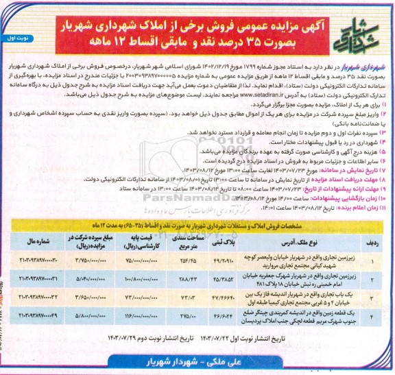 مزایده فروش برخی از املاک شهرداری شهریار