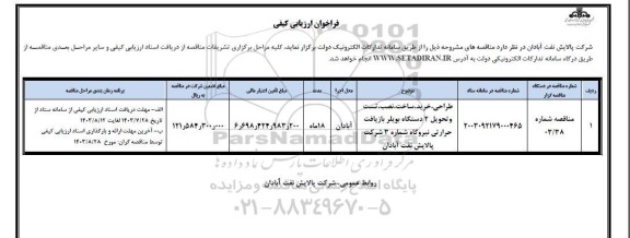 فراخوان مناقصه طراحی، خرید، ساخت، نصب، تست و تحویل 2 دستگاه بویلر بازیافت حرارتی نیروگاه