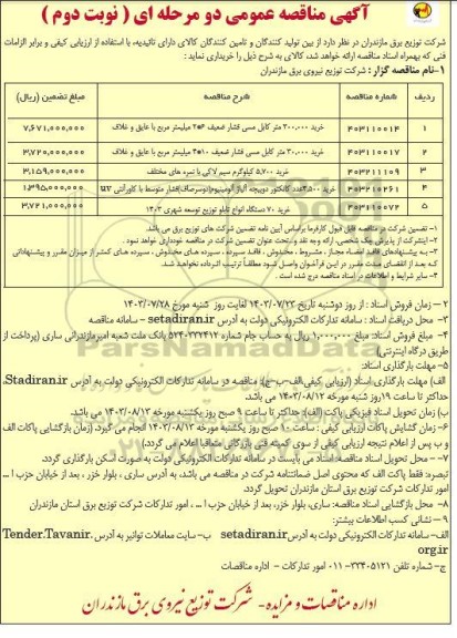 مناقصه عمومی خرید 300.000 متر کابل مسی فشار ضعیف 6 * 2 میلیمتر مربع با عایق و غلاف ...- نوبت دوم 