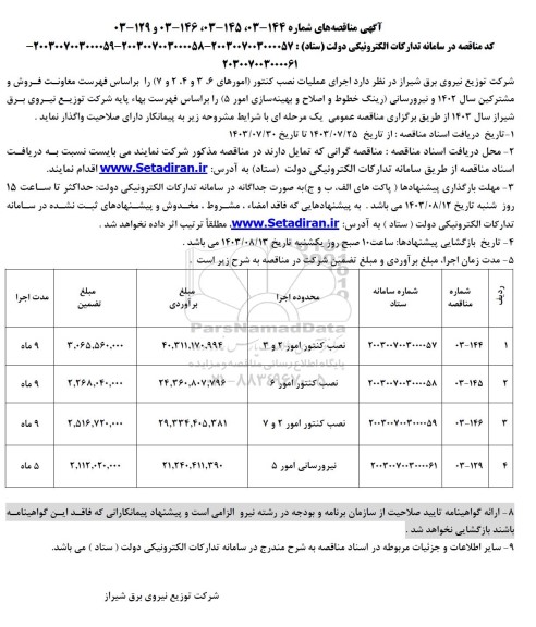 مناقصه اجرای عملیات نصب کنتور امورهای6، 3 و 4، 2 و 7 