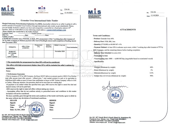 مناقصه و مزایده Granular Urea International Sales Tender