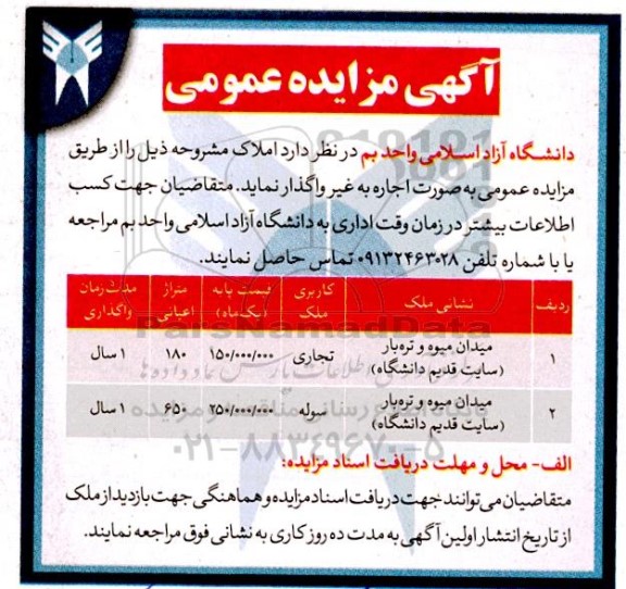 مزایده واگذاری میدان میوه و تره بار 
