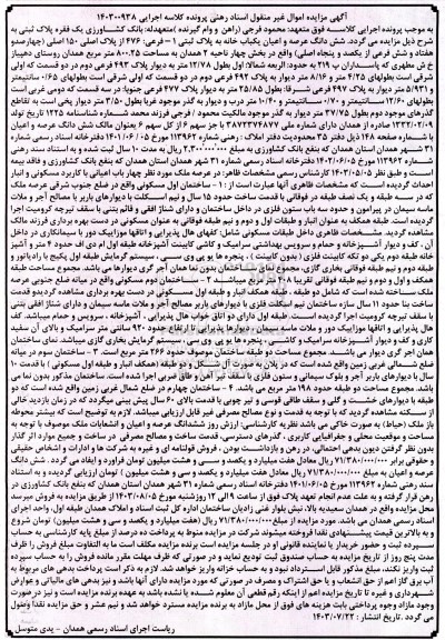 مزایده ششدانگ اعیان یکباب خانه پلاک ثبتی 476 از پلاک اصلی