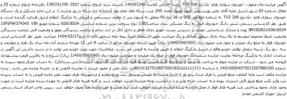 مزایده یک دستگاه خودروی سواری هاچ -بک-پژو 206 TU3 