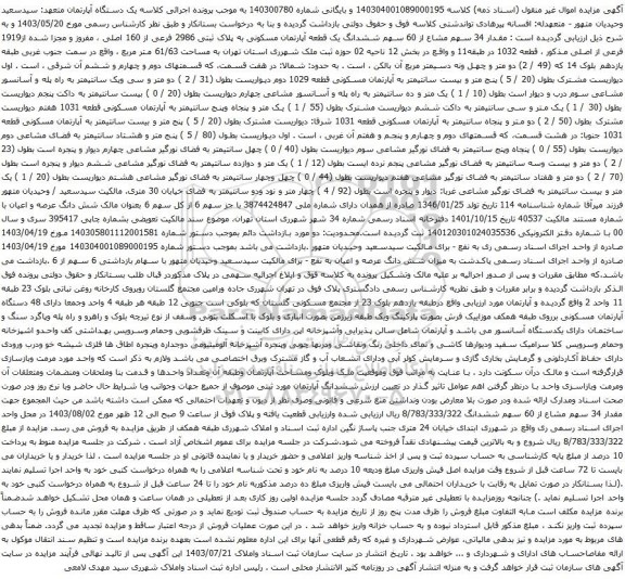 آگهی مزایده مقدار 34 سهم مشاع از 60 سهم ششدانگ یک قطعه آپارتمان مسکونی به پلاک ثبتی 2986 فرعی از 160 اصلی