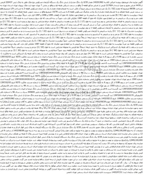آگهی مزایده مقدار 0/35 یک دانگ مشاع از شش دانگ یک دستگاه آپارتمان مسکونی نوع ملک طلق به پلاک ثبتی 220437 فرعی از 4476 اصلی مفروز و مجزا شده از 217924 فرعی از اصلی