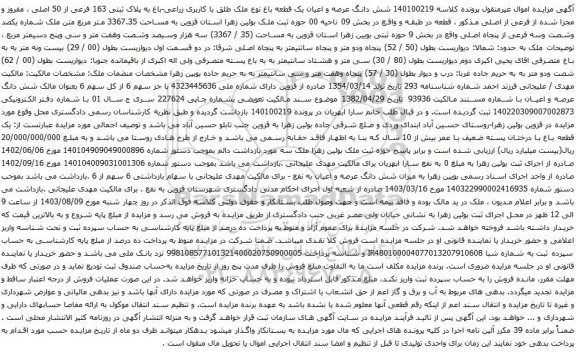 مزایده شش دانگ عرصه و اعیان یک قطعه باغ نوع ملک طلق با کاربری زراعی-باغ به پلاک ثبتی 163 فرعی از 50 اصلی