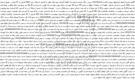 مزایده شش دانگ عرصه و اعیان یک قطعه آپارتمان نوع ملک طلق با کاربری به پلاک ثبتی 4094 فرعی از 47 اصلی