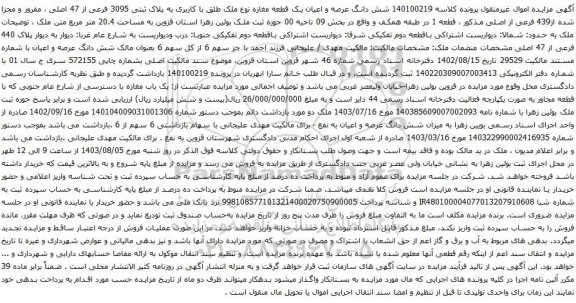 مزایده شش دانگ عرصه و اعیان یک قطعه مغازه نوع ملک طلق با کاربری به پلاک ثبتی 3095 فرعی از 47 اصلی
