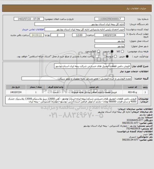 استعلام فروش داغی قطعات اتومبیل های خسارتی شرکت بیمه ایران استان بوشهر