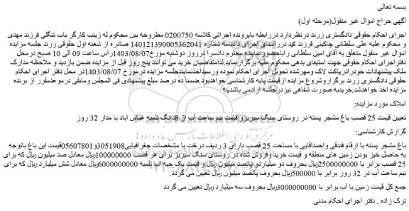 مزایده فروش 25 قصب باغ مشجر پسته در روستای سنگ سیریزو قیمت نیم ساعت آب از 8دانگ تلمبه عباس اباد با مدار 32 روز