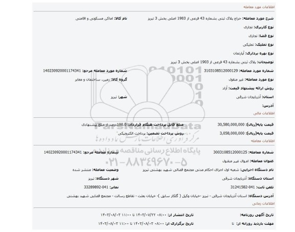 مزایده، پلاک ثبتی بشماره 43 فرعی از 1903 اصلی بخش 3 تبریز