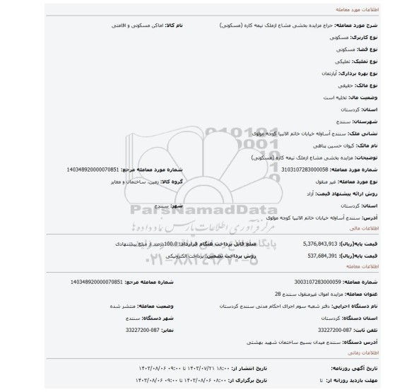 مزایده، مزایده بخشی مشاع ازملک نیمه کاره (مسکونی)