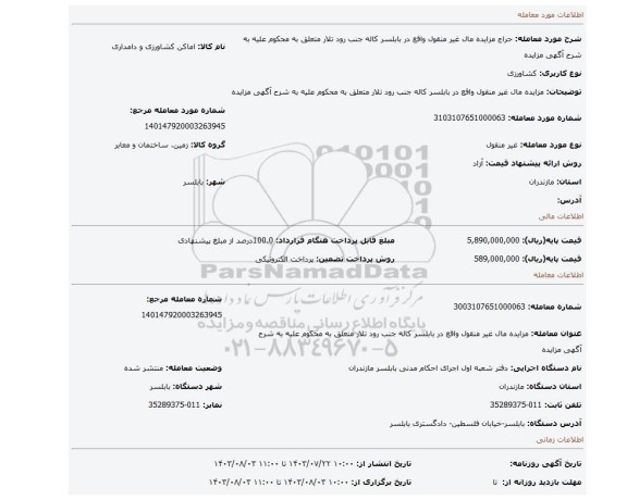مزایده، مزایده مال غیر منقول واقع در بابلسر کاله  جنب رود تلار متعلق به محکوم علیه به شرح آگهی مزایده