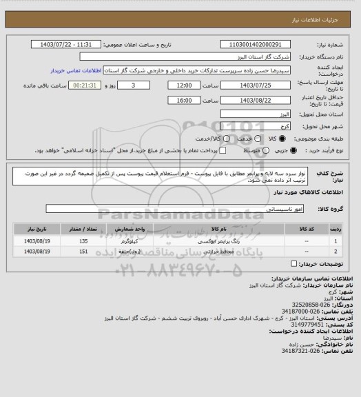 استعلام نوار سرد سه لایه و پرایمر مطابق با فایل پیوست - فرم استعلام قیمت پیوست پس از تکمیل ضمیمه گردد در غیر این صورت ترتیب اثر داده نمی شود.