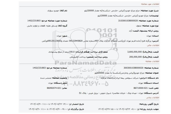 مزایده، چراغ خودرو (ایرانی -خارجی -شکسته)به مقدار 20000کیلو
