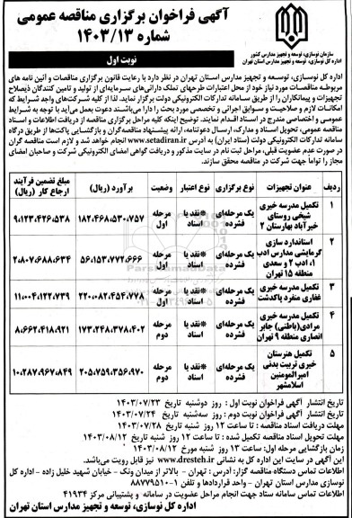 مناقصه تکمیل مدرسه خیری  ...