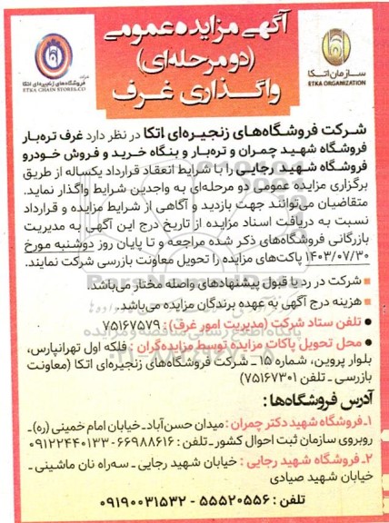 مزایده واگذاری غرف تره بار 
