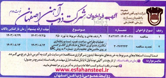 فراخوان مناقصه 9 ردیف هادی و رولیک مربوط به نورد 650 و ... - نوبت دوم  