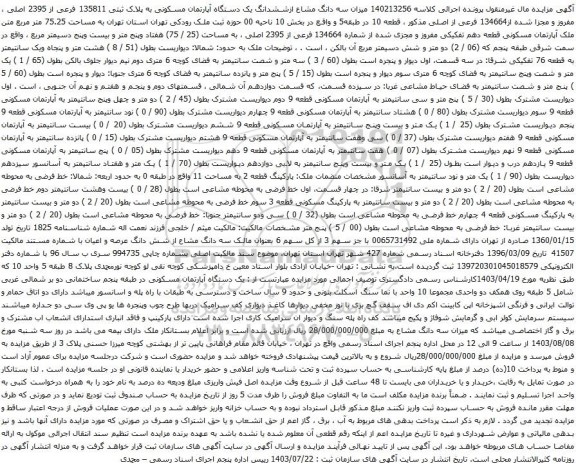 مزایده میزان سه دانگ مشاع ازششدانگ یک دستگاه آپارتمان مسکونی به پلاک ثبتی 135811 فرعی از 2395 اصلی 