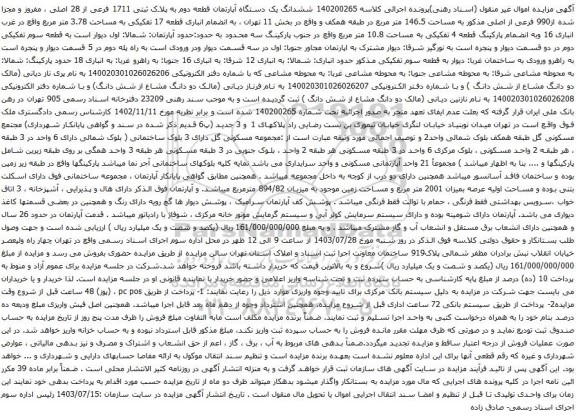 مزایده ششدانگ یک دستگاه آپارتمان قطعه دوم به پلاک ثبتی 1711 فرعی از 28 اصلی