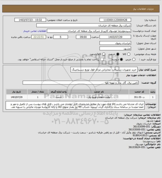 استعلام خرید تجهیزات زیرساخت مخابراتی مراکز فوق توزیع دیسپاچینگ