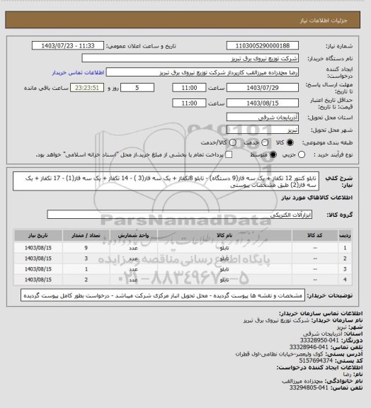 استعلام تابلو کنتور 12 تکفاز + یک سه فاز(9 دستگاه) - تابلو 8تکفاز + یک سه فاز(3 ) - 14 تکفاز + یک سه فاز(1) - 17  تکفاز + یک سه فاز(2) طبق مشخصات پیوستی