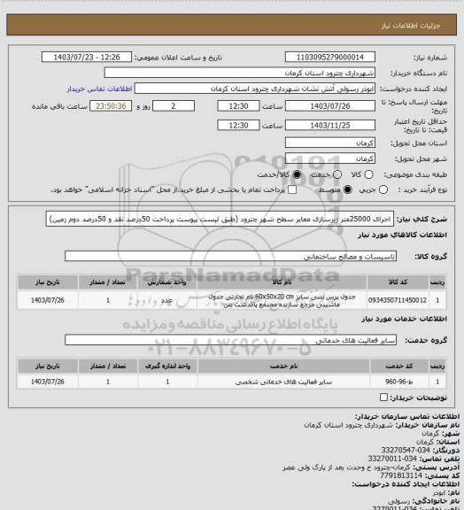 استعلام اجرای 25000متر زیرسازی معابر سطح شهر چترود (طبق لیست پیوست پرداخت 50درصد نقد و 50درصد دوم زمین)