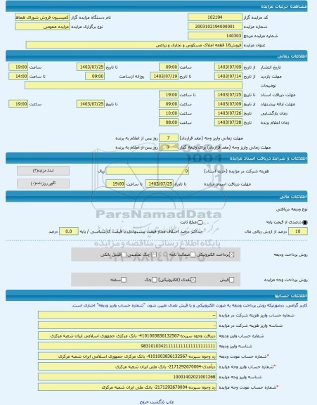مزایده ، فروش16 قطعه املاک مسکونی و تجاری و زراعی -مزایده زمین - استان آذربایجان غربی