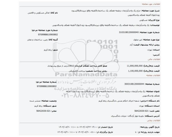 مزایده، یک واحدآپارتمان درطبقه همکف یک ساختمان5طبقه واقع درپرندفاز6کیسون زون1بلوک7طبقه همکف واحد6جنوبی