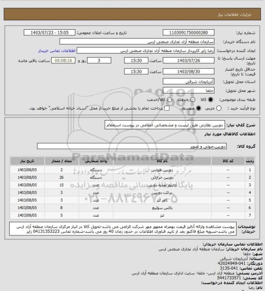 استعلام دوربین نظارتی طبق لیست و مشخصاتی اعلامی در پیوست استعلام