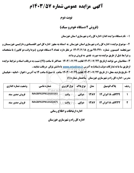 مزایده فروش دو دستگاه خودرو سبک نوبت دوم