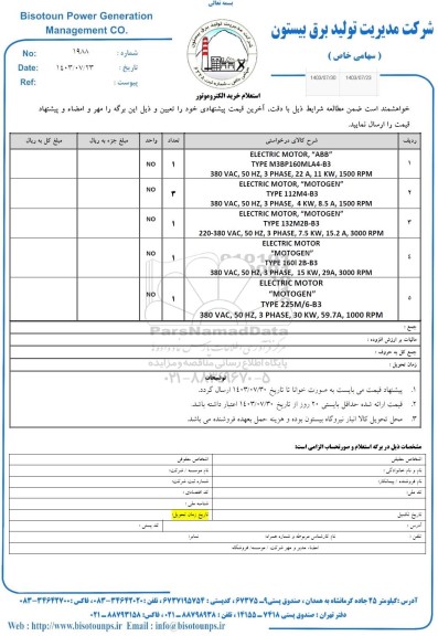استعلام خرید الکتروموتور 