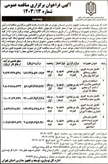 مناقصه تکمیل مدرسه خیری  ... نوبت دوم