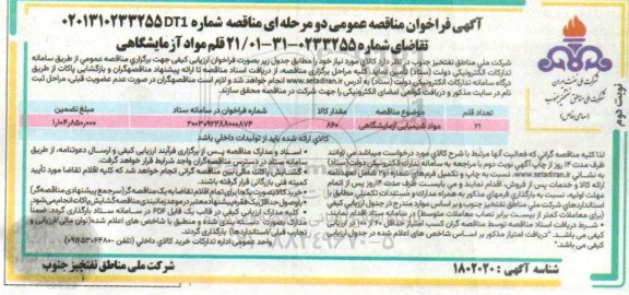 فراخوان مناقصه 21 قلم مواد آزمایشگاهی - نوبت دوم
