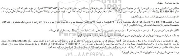 مزایده فروش سواری هاچ بک سیستم پژو تیپ:206 TU5