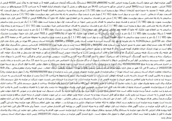 مزایده ششدانگ یکدستگاه آپارتمان مسکونی قطعه 2 در طبقه اول به پلاک ثبتی 40320 فرعی از 7022 اصلی