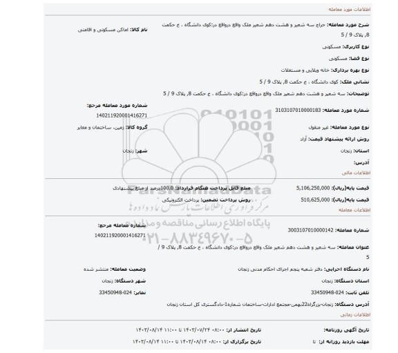 مزایده، سه شعیر و هشت دهم شعیر ملک واقع درواقع در:کوی دانشگاه ، خ حکمت 8, پلاک 9 / 5