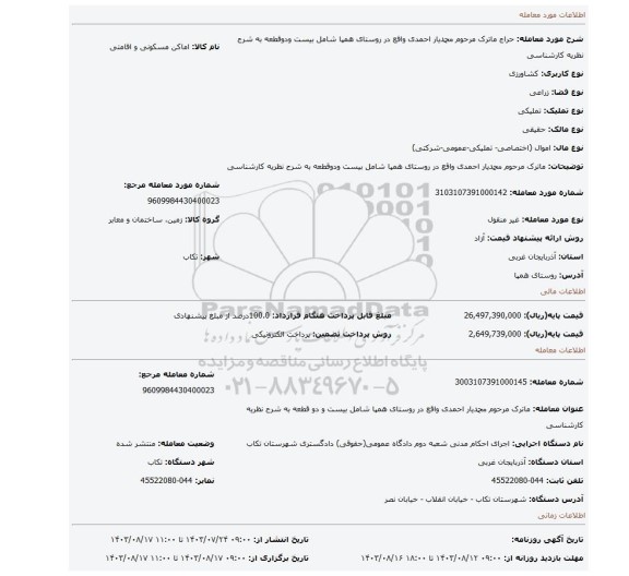 مزایده، ماترک مرحوم محمدیار احمدی واقع در روستای همپا شامل بیست ودوقطعه به شرح نظریه کارشناسی