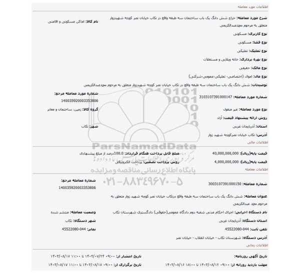 مزایده، شش دانگ یک باب ساختمان سه طبقه واقع در تکاب خیابان نصر کوچه شهیدزوار متعلق به مرحوم محمدعبدالکریمی