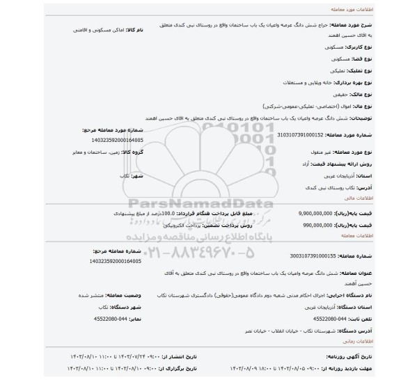 مزایده، شش دانگ عرصه واعیان یک باب ساختمان واقع در روستای نبی کندی متعلق به اقای حسین اهمند