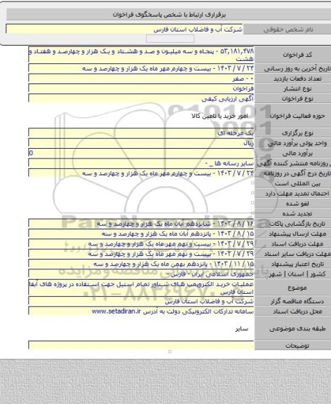 مناقصه, عملیات خرید الکتروپمپ های شناور تمام استیل جهت استفاده در پروژه های آبفا استان فارس