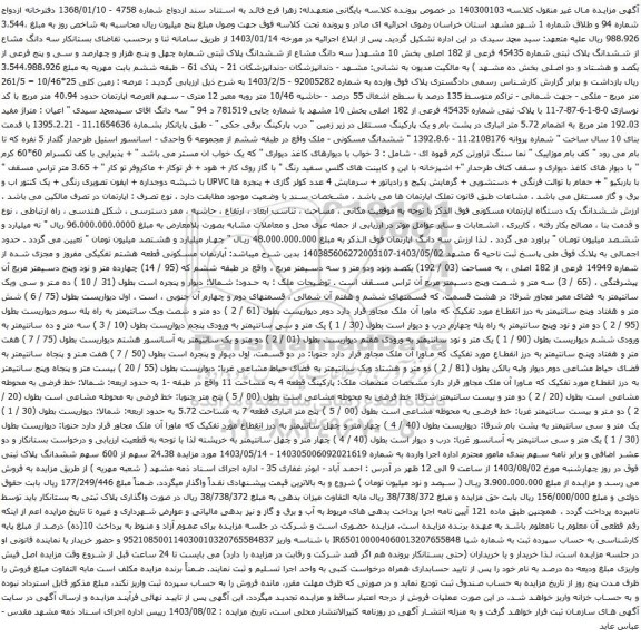 مزایده ششدانگ پلاک ثبتی شماره 45435 فرعی از 182 اصلی بخش 10 مشهد