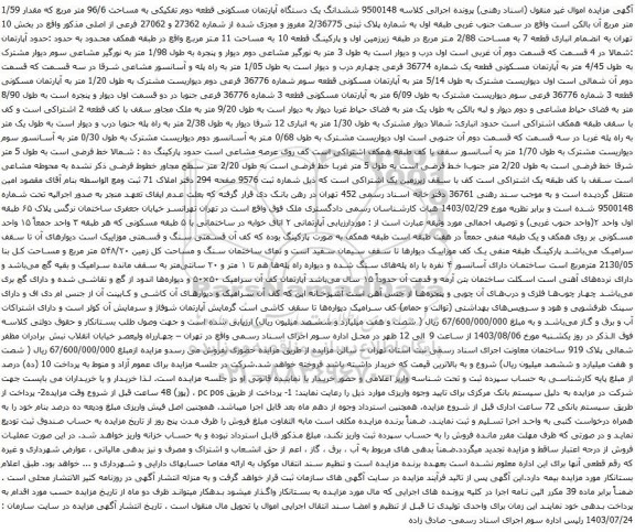 مزایده ششدانگ یک دستگاه آپارتمان مسکونی قطعه دوم تفکیکی به مساحت 96/6 متر مربع که مقدار 1/59 متر مربع