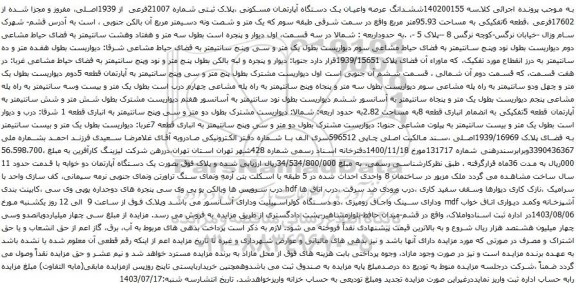مزایده ششدانگ عرصه واعیان یک دستگاه آپارتمان مسکونی ،پلاک ثبتی شماره 21007فرعی از 1939اصلی