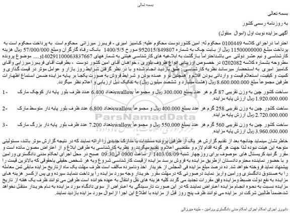 مزایده فروش تعداد 6.400 عدد ظرف بلور پایه دار کوچک مارک swallow ساخت کشور چین 