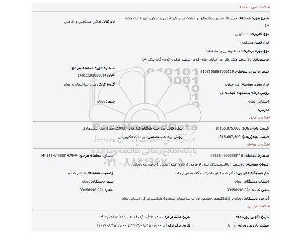 مزایده، 20 شعیر ملک واقع در خیابان امام- کوچه شهید ملکی- کوچه آبان پلاک 14